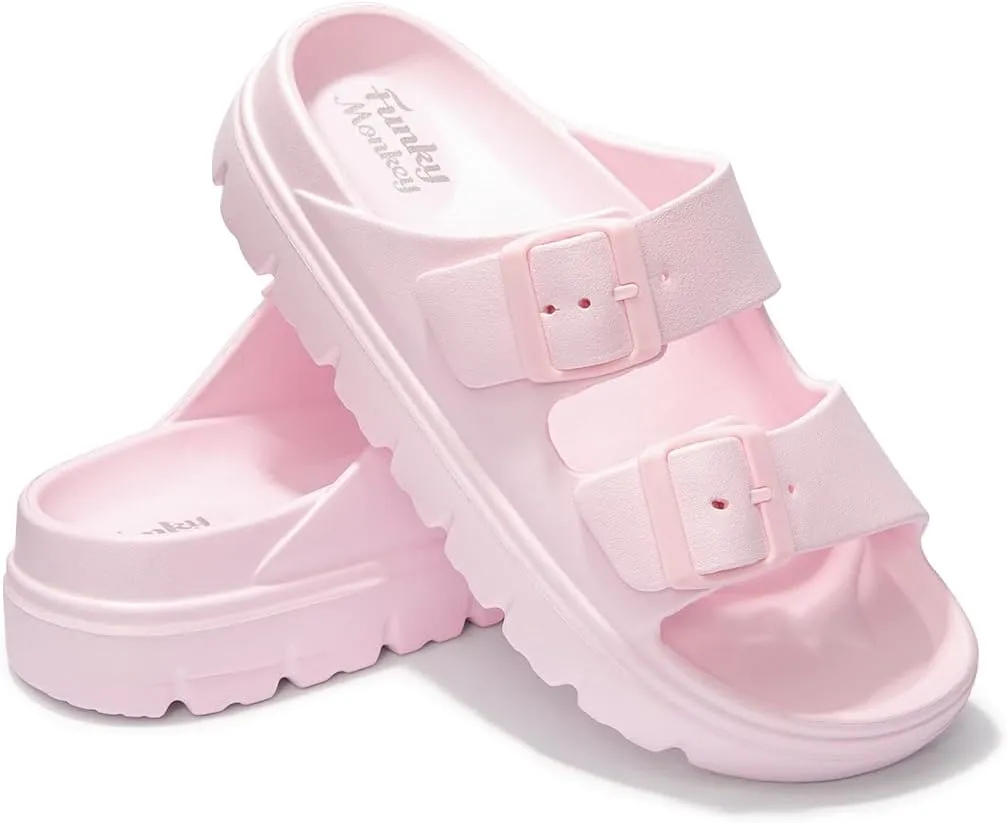 FUNKYMONKEY Women's Comfort Slides Double Buckle Adjustable Plastics Flat Sandals