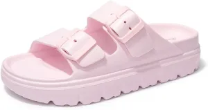 FUNKYMONKEY Women's Comfort Slides Double Buckle Adjustable Plastics Flat Sandals