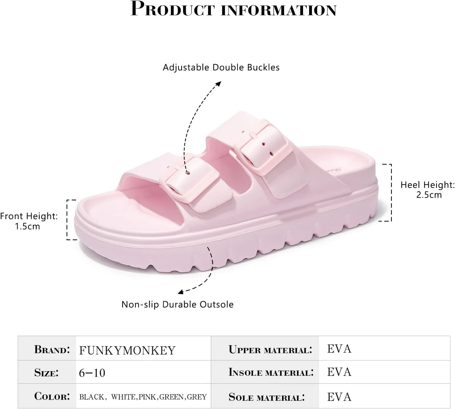 FUNKYMONKEY Women's Comfort Slides Double Buckle Adjustable Plastics Flat Sandals