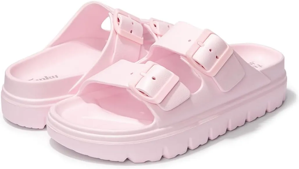FUNKYMONKEY Women's Comfort Slides Double Buckle Adjustable Plastics Flat Sandals