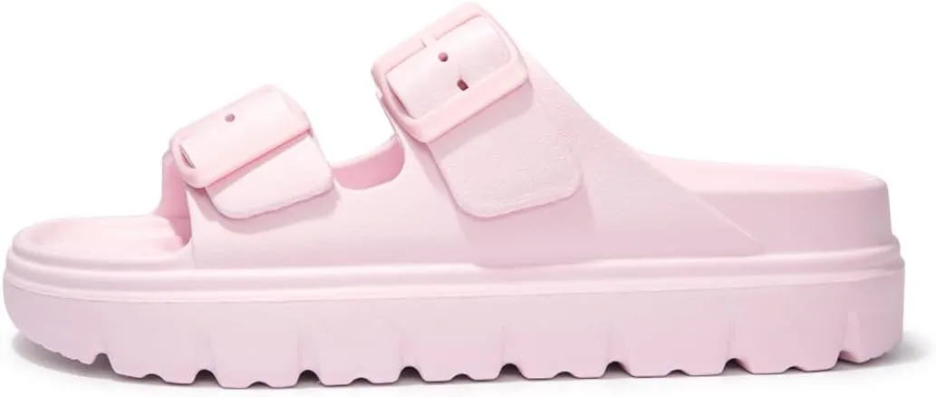 FUNKYMONKEY Women's Comfort Slides Double Buckle Adjustable Plastics Flat Sandals