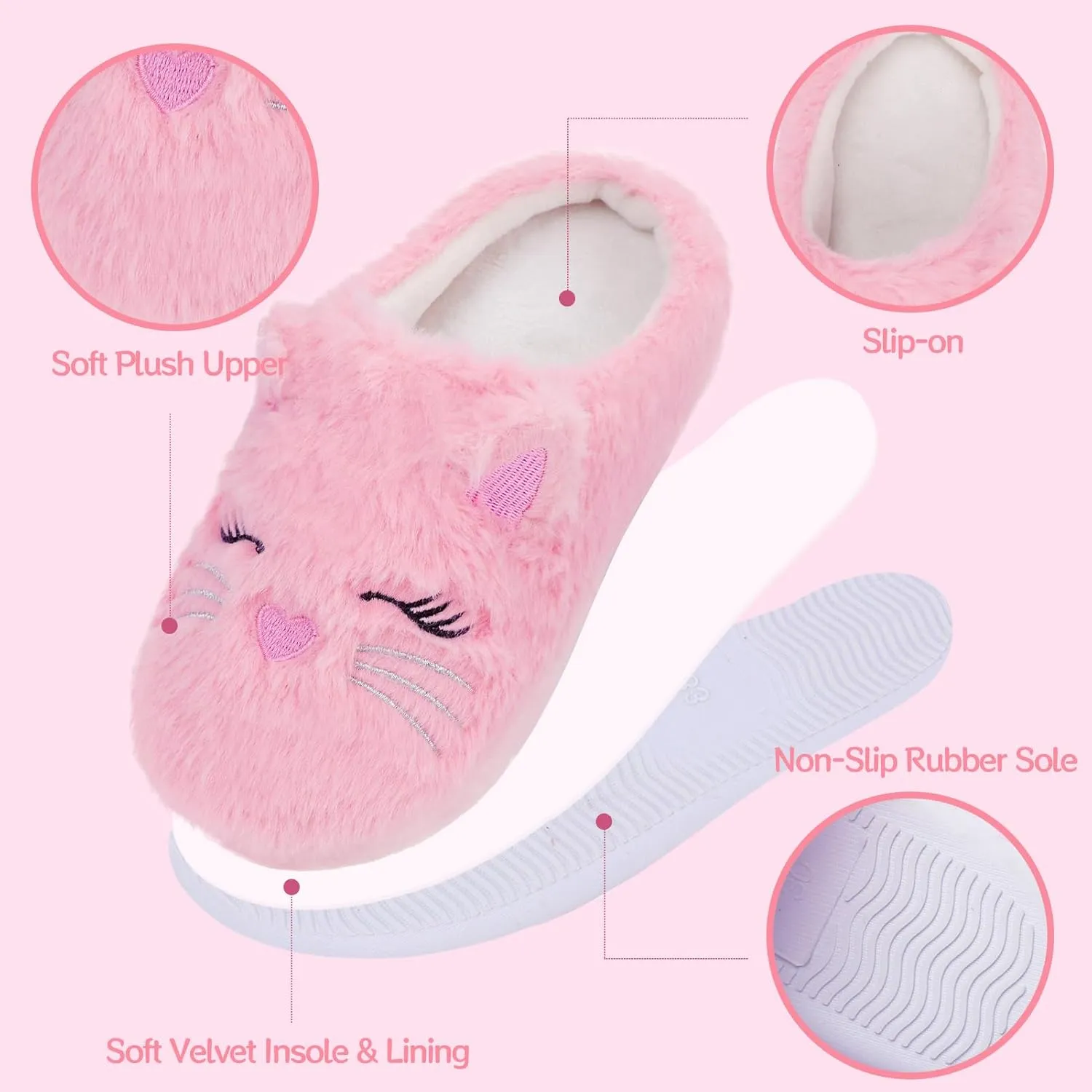 Fuzzy Cat Slippers for Girls, Funny Animal House Shoes with Soft Memory Foam, Comfy Plush Warm Slip-on Slippers