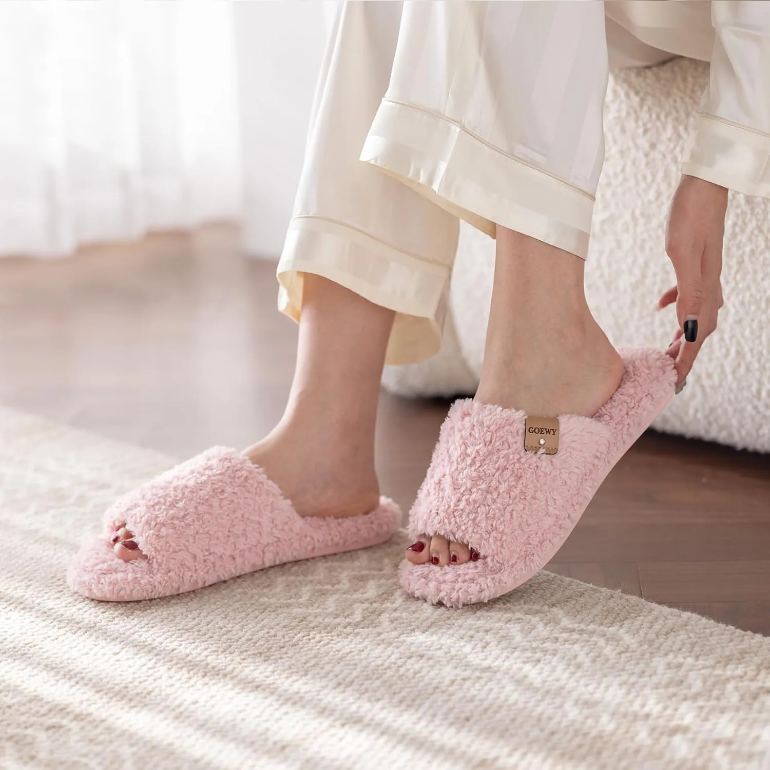 Fuzzy Open Toe Slippers for Women Indoor Cozy Memory Foam Slip On House Slides Shoes Gifts for Womens Her Mom