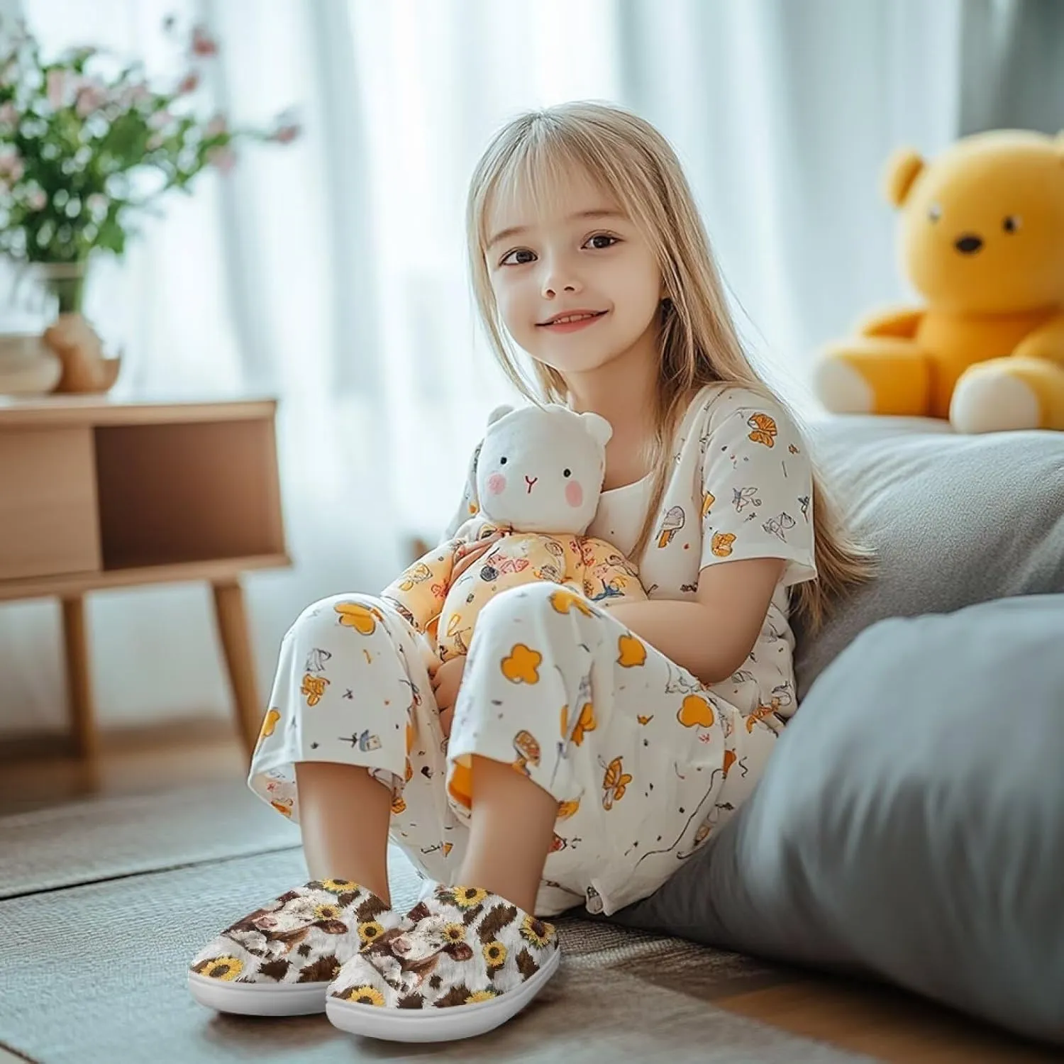 Fuzzy Toddler Slippers Girls Plush Slippers Soft Warm House Shoes Cozy Slip On Indoor Shoes Cute Print House Slippers Non Slip Washable for Bedroom Outdoor US 9-15