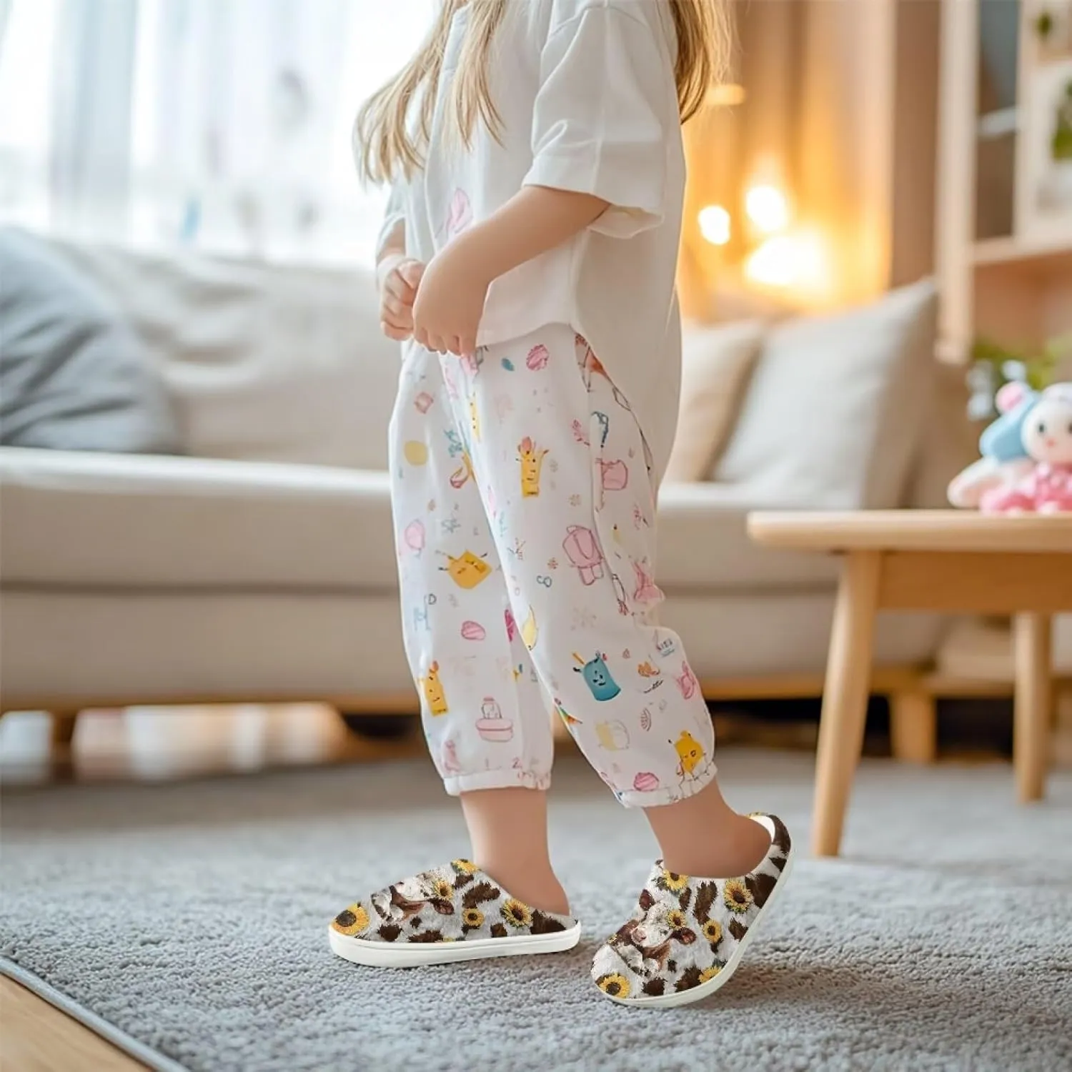 Fuzzy Toddler Slippers Girls Plush Slippers Soft Warm House Shoes Cozy Slip On Indoor Shoes Cute Print House Slippers Non Slip Washable for Bedroom Outdoor US 9-15