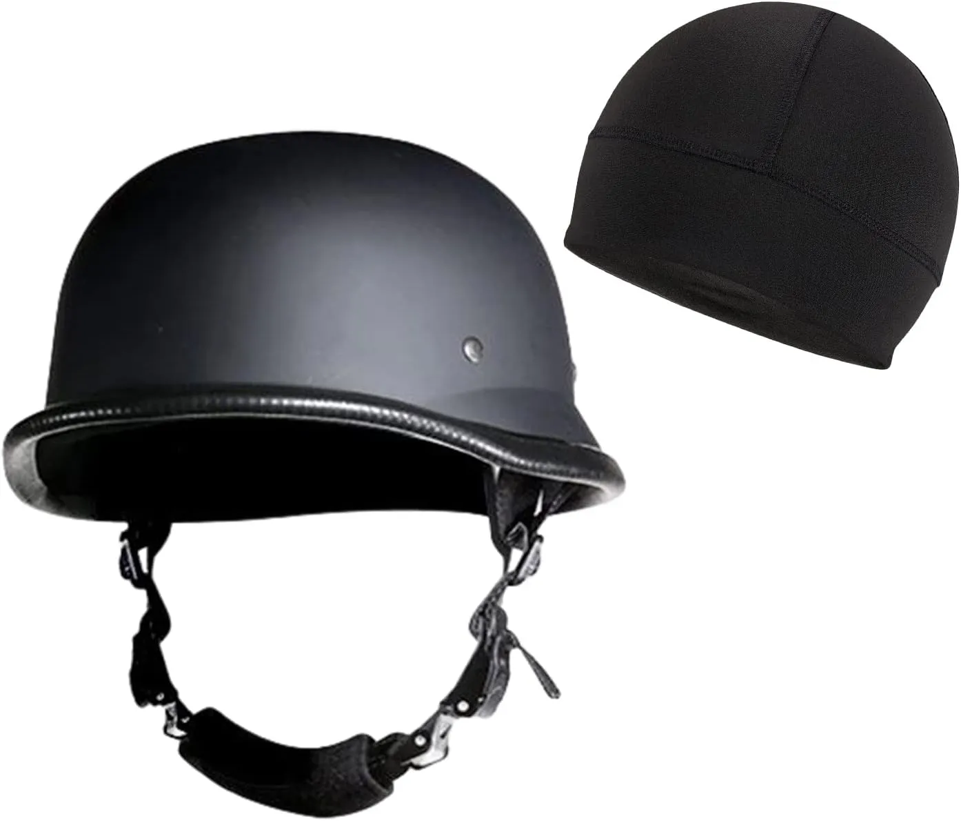 German Novelty Cap Basic Flat Black German Style Motorcycle Half Helmet with Adjustable Chin Strap