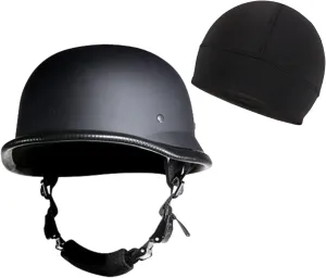 German Novelty Cap Basic Flat Black German Style Motorcycle Half Helmet with Adjustable Chin Strap