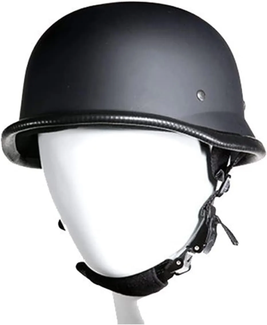 German Novelty Cap Basic Flat Black German Style Motorcycle Half Helmet with Adjustable Chin Strap