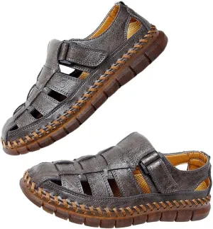 GEXECEUSS Sandals for Men Closed Toe Leather Sport Sandals Fisherman Sandals Outdoor Casual Walking Sandals Summer Water Shoes Beach Wading Shoes