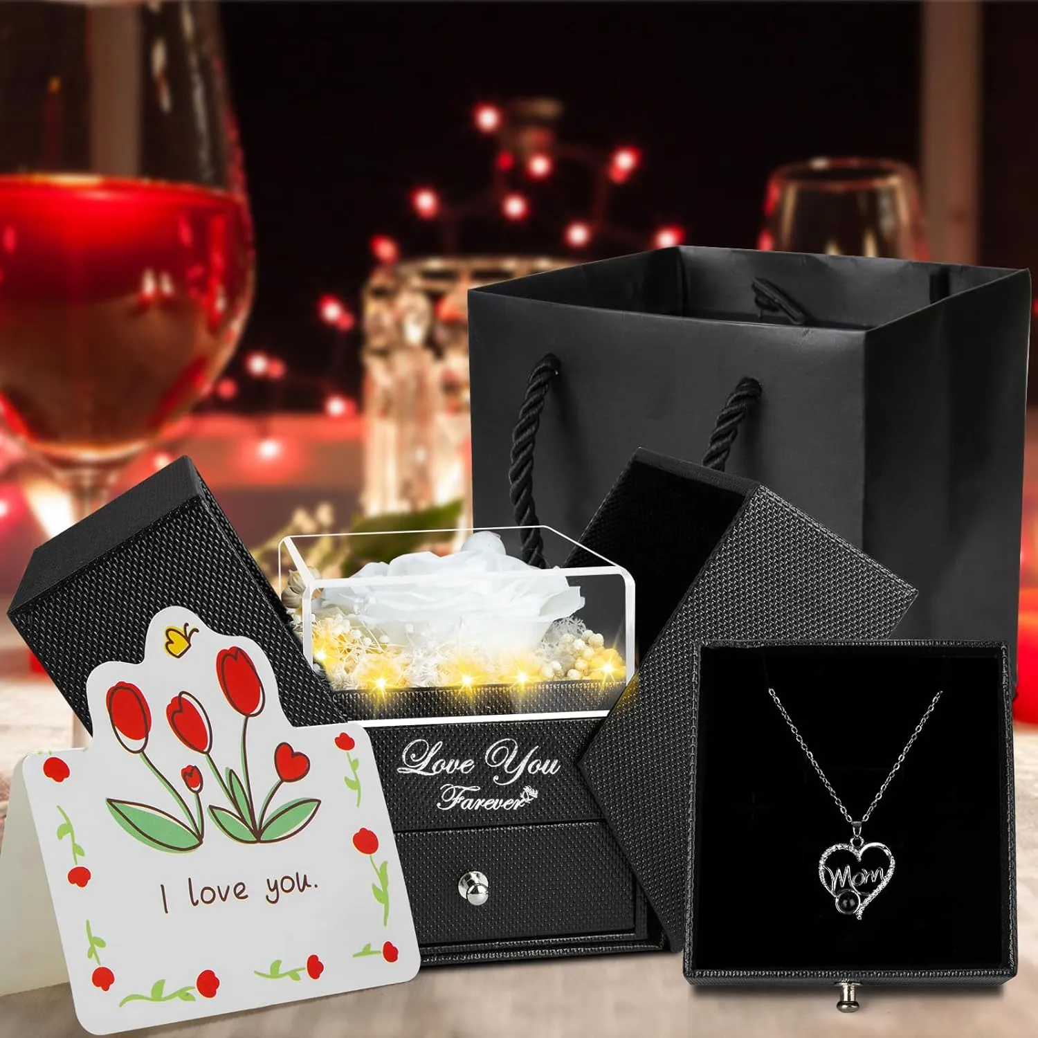 Gifts for Mom from Daughter and Son, Unique Mothers Day Birthday Gift Idea, Preserved White Real Roses with I Love You in 100 Languages Mom Necklace, Cool Present to Mother Mama -White