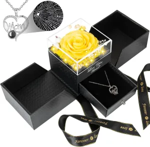 Gifts for Mom from Daughter and Son, Unique Mothers Day Birthday Gift Idea, Preserved Yellow Real Roses with I Love You in 100 Languages Mom Necklace, Cool Present to Mother Mama-Yellow