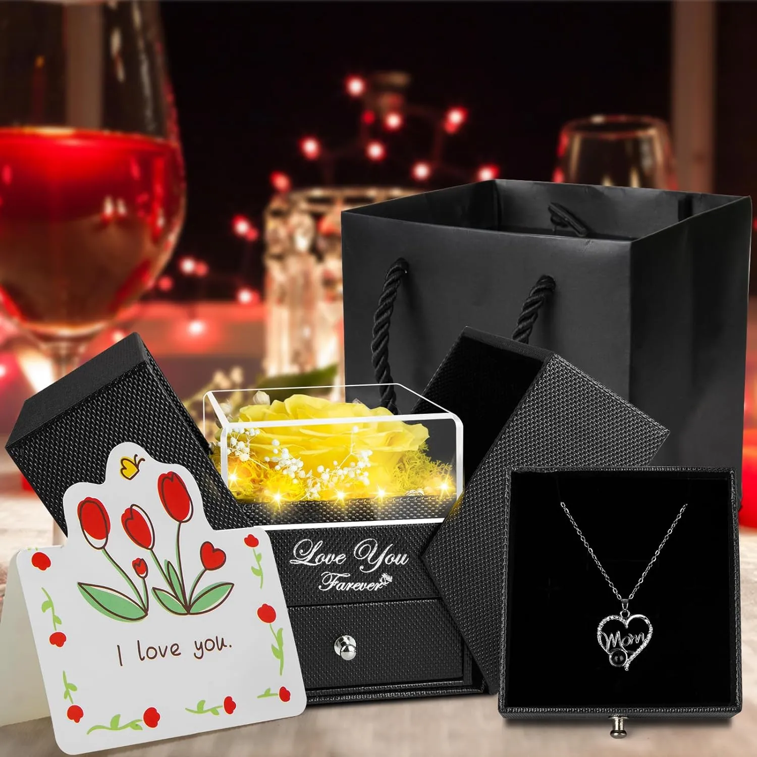 Gifts for Mom from Daughter and Son, Unique Mothers Day Birthday Gift Idea, Preserved Yellow Real Roses with I Love You in 100 Languages Mom Necklace, Cool Present to Mother Mama-Yellow
