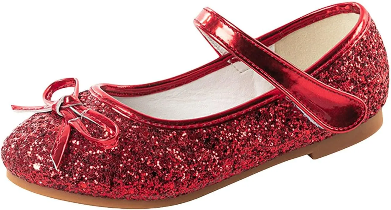 Girl Mary Jane Dress Shoes Glitter Flat Shoes Bowknot Sequin Shoe Bow Wedding Sandals High Heels Shiny Sandals
