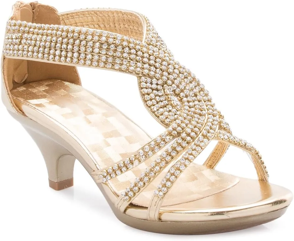 Girls' Kids Open Toe Strappy Rhinestone Dress Sandal Low Heel Shoes - Wedding, Dress, Dance, Flower Girl