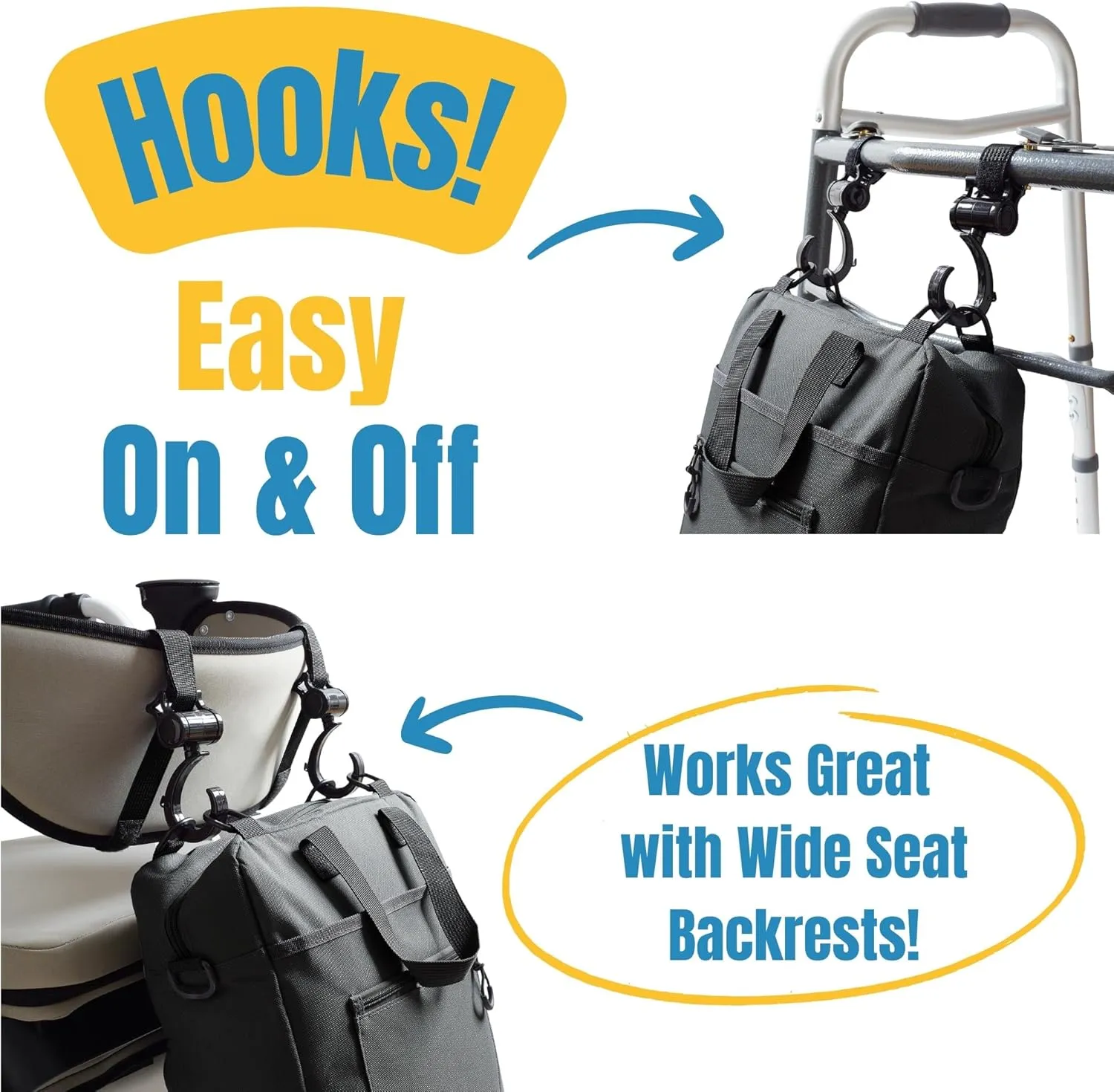 Go-Getter Lightweight Nylon, Easy Hook On & Off Messenger Bag for Walkers, Rollators, Wheelchairs, Scooters, Bottle Holder, Soft-Lined Glasses Pocket, Padded Interior (Black)