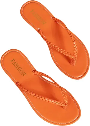 GORGLITTER Women's Leather Flip Flops Braided Sandals Summer Beach Vacation Open Toe Thong Slip on Slides