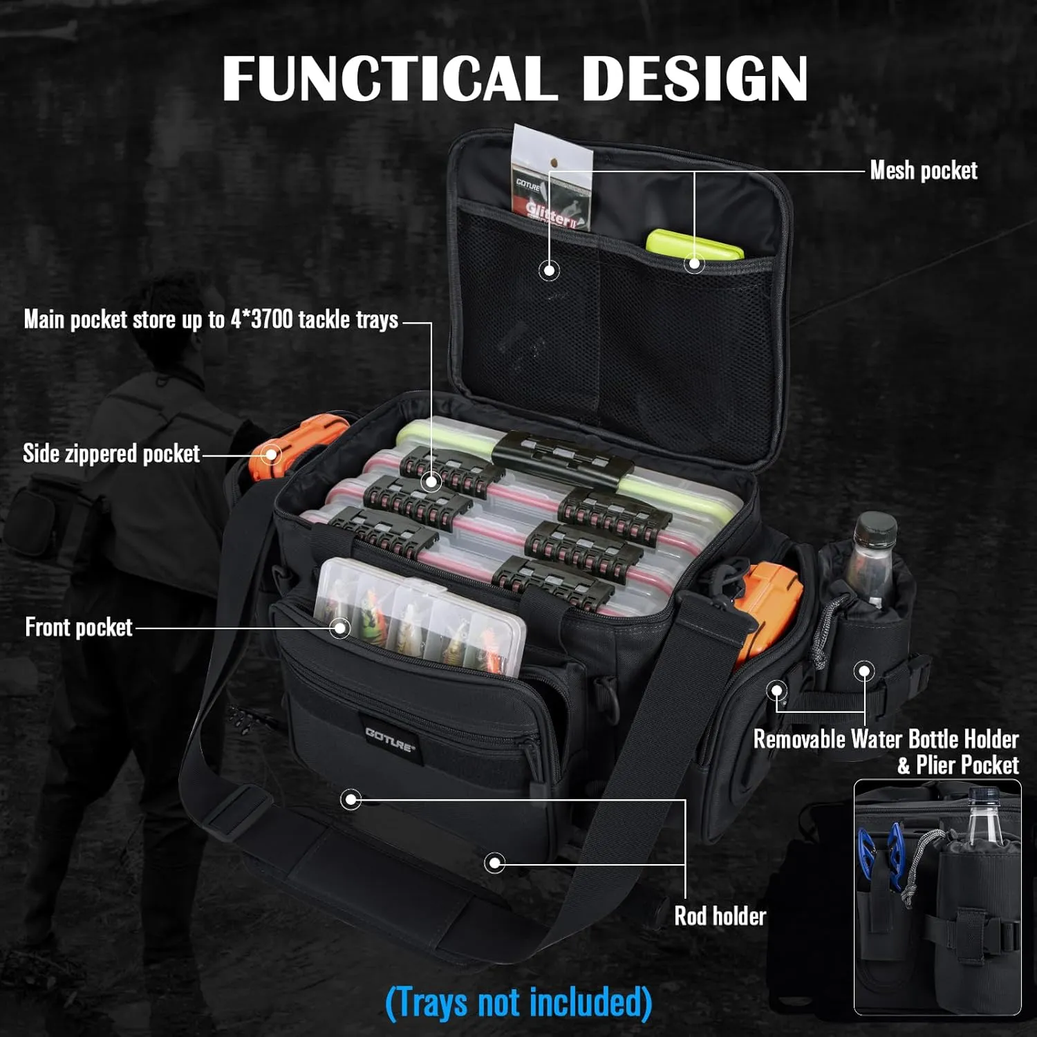 Goture Fishing Tackle Bag, Store Up to 4PCS 3700 Tackle Box Trays, 600D Soft Side Water-Resistant Saltwater Gear Storage Fishing Bag with Rod Straps, Detachable Water Bottle Pouch, Gifts for Men