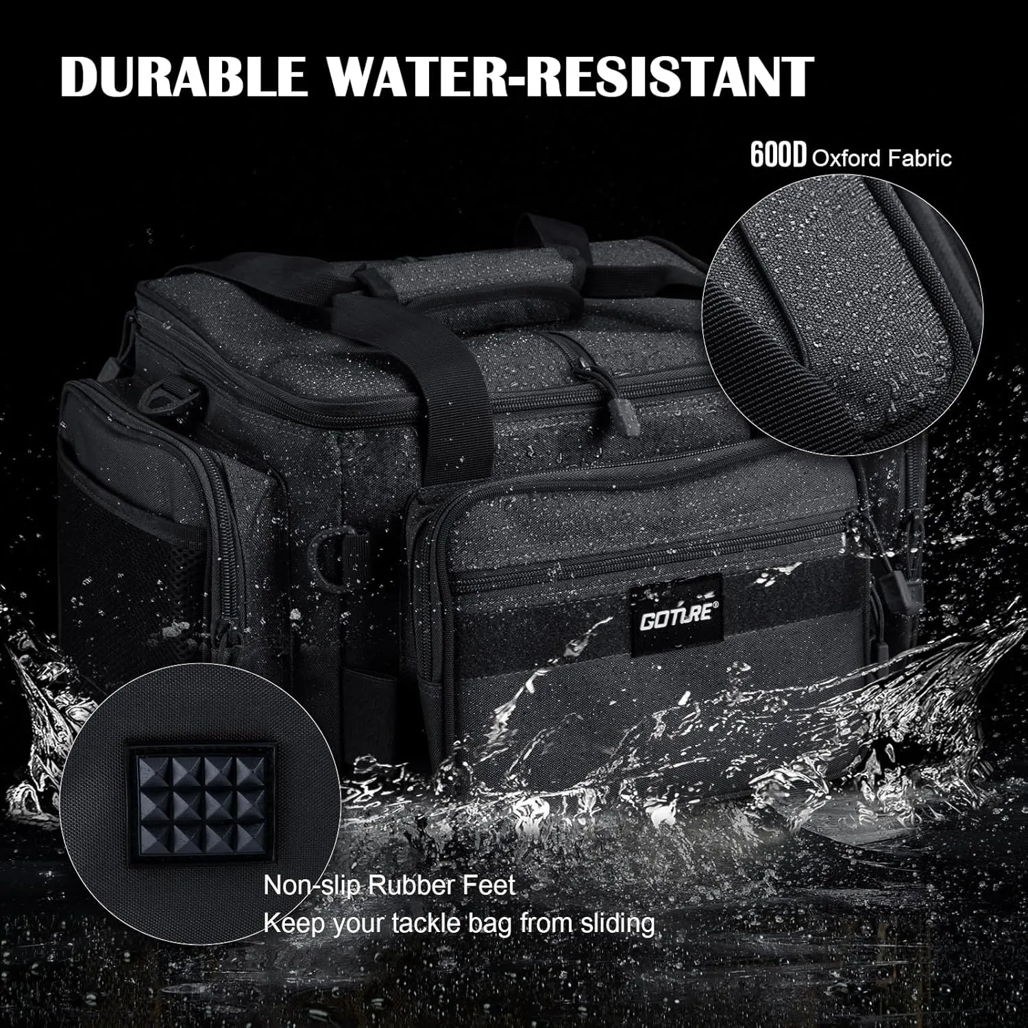 Goture Fishing Tackle Bag, Store Up to 4PCS 3700 Tackle Box Trays, 600D Soft Side Water-Resistant Saltwater Gear Storage Fishing Bag with Rod Straps, Detachable Water Bottle Pouch, Gifts for Men