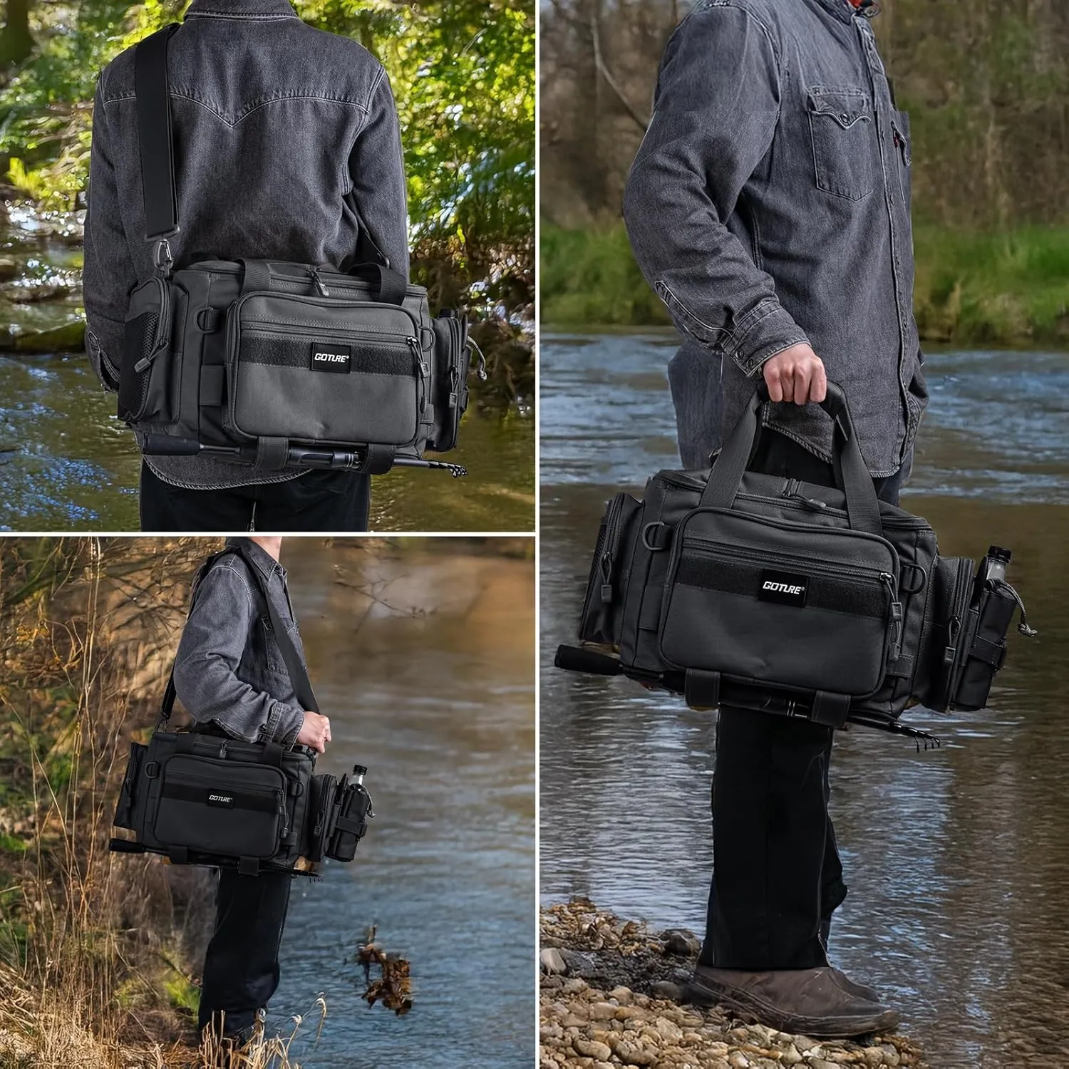 Goture Fishing Tackle Bag, Store Up to 4PCS 3700 Tackle Box Trays, 600D Soft Side Water-Resistant Saltwater Gear Storage Fishing Bag with Rod Straps, Detachable Water Bottle Pouch, Gifts for Men