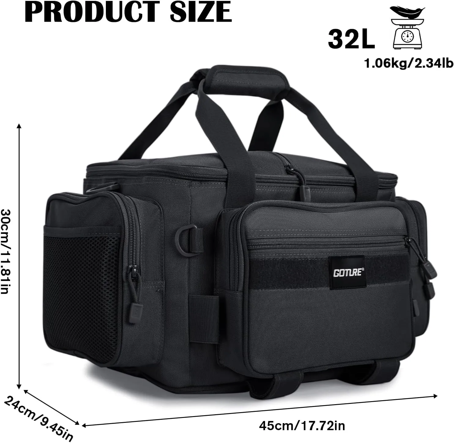 Goture Fishing Tackle Bag, Store Up to 4PCS 3700 Tackle Box Trays, 600D Soft Side Water-Resistant Saltwater Gear Storage Fishing Bag with Rod Straps, Detachable Water Bottle Pouch, Gifts for Men