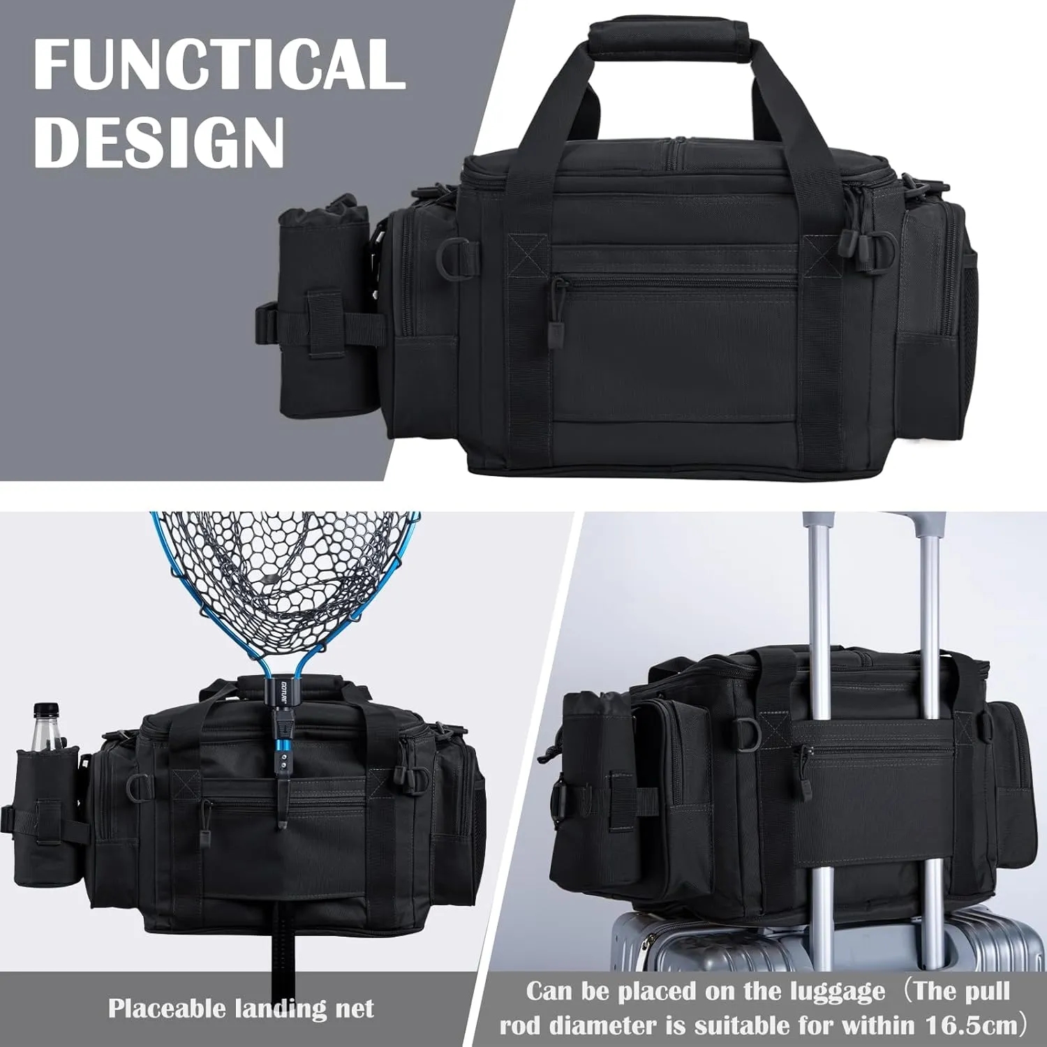 Goture Fishing Tackle Bag, Store Up to 4PCS 3700 Tackle Box Trays, 600D Soft Side Water-Resistant Saltwater Gear Storage Fishing Bag with Rod Straps, Detachable Water Bottle Pouch, Gifts for Men
