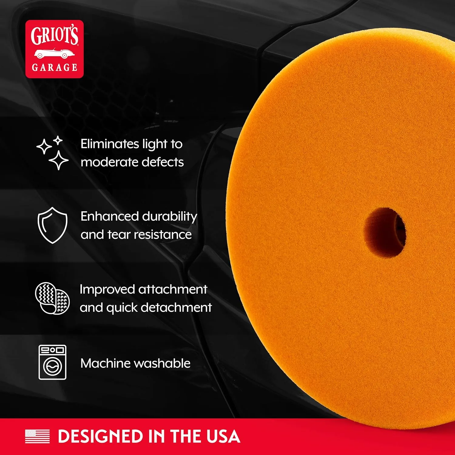 Griot's Garage Orange Foam Correcting Pads for Car Polishing and Detailing, Removes Light to Moderate Paint Defects, Durable, Machine-Washable, 10617, 6.5", Set of 2
