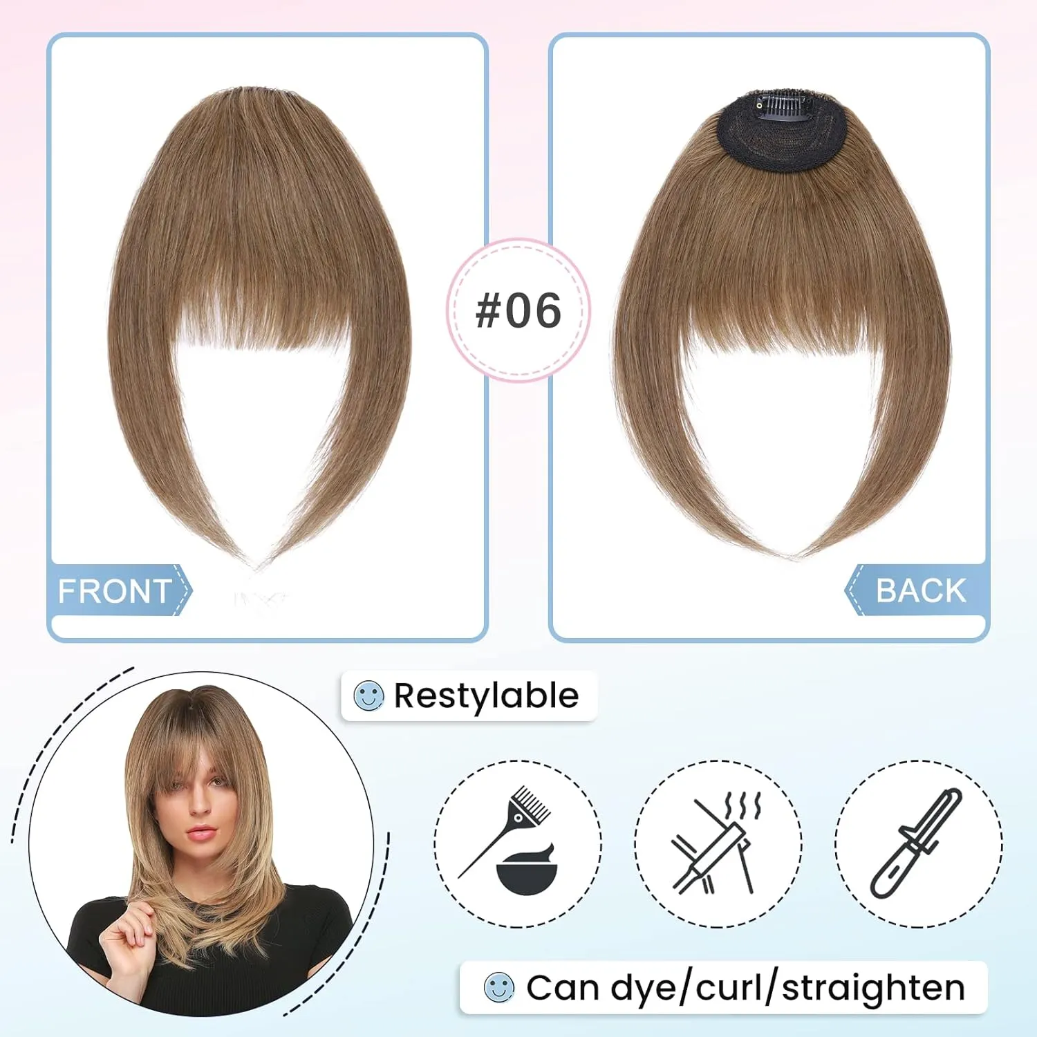 Hairro Clip-In Bangs Human Hair French Bangs Flat Front Fringe Hairpiece For Women 14g #06 Light Brown