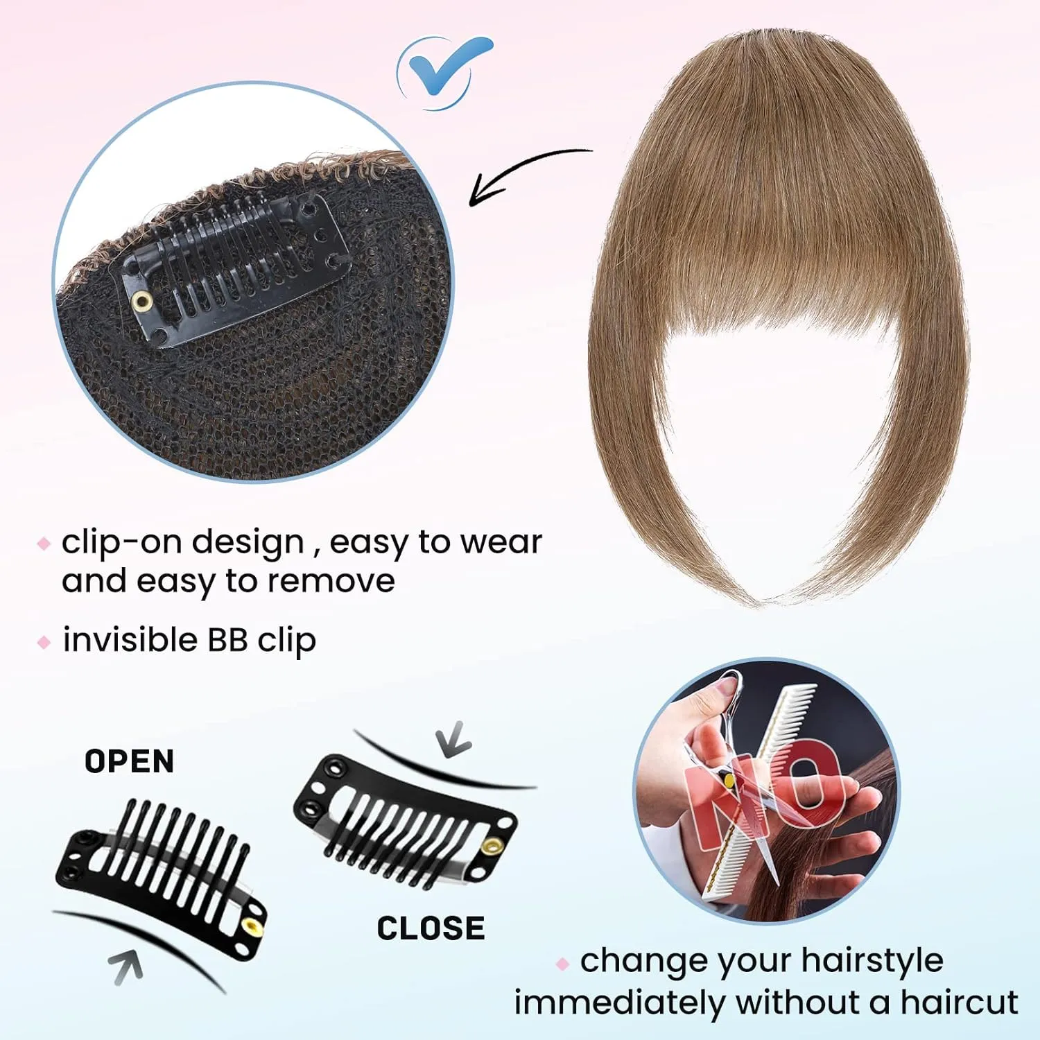 Hairro Clip-In Bangs Human Hair French Bangs Flat Front Fringe Hairpiece For Women 14g #06 Light Brown