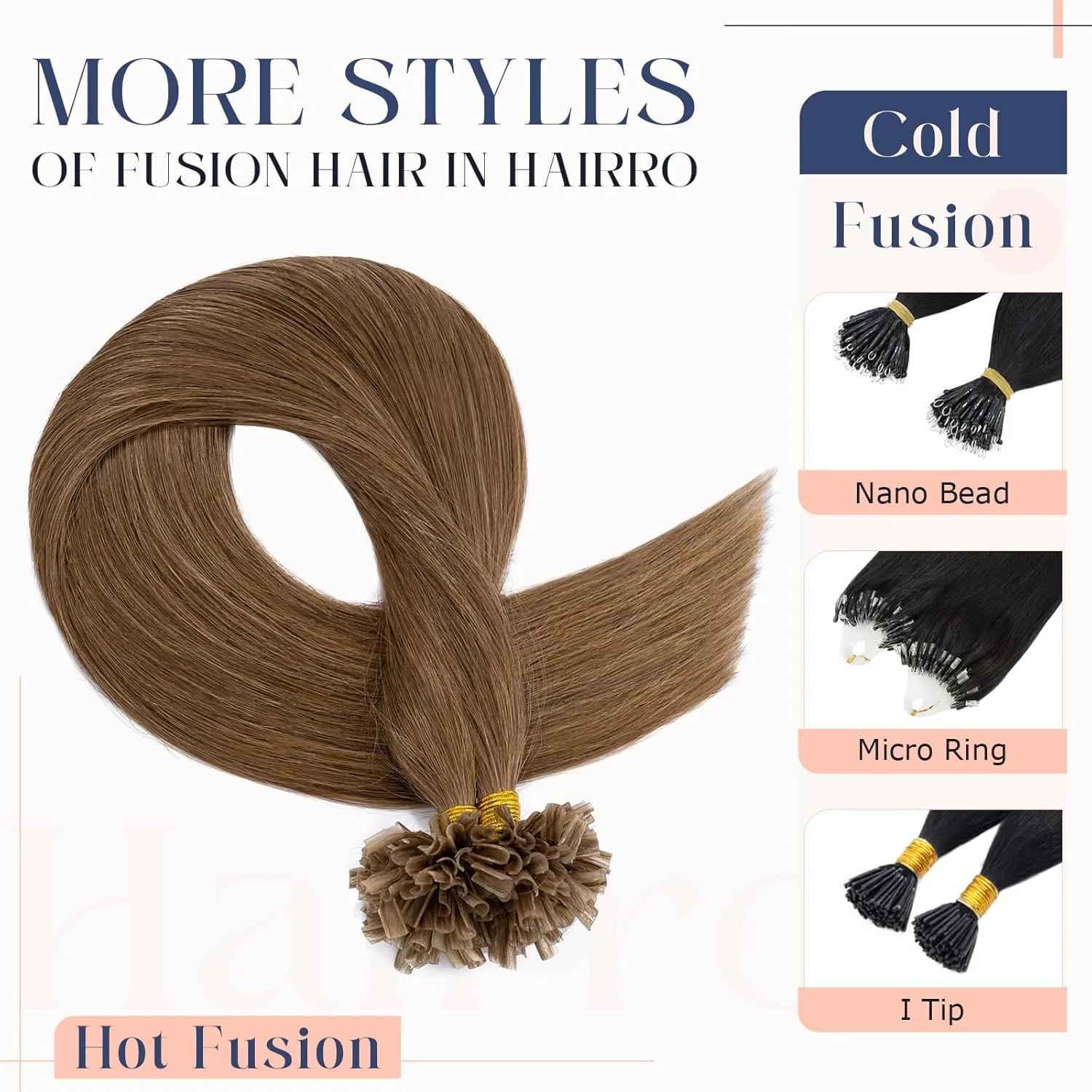 Hairro Fushion Hair Extensions Pre Bonded Keratin Nail Tip U Tip Human Hair Hairpieces Glue Flat Tipped Balayage Hairpiece For Women 100 Strand 20" 50g #06 Light Brown