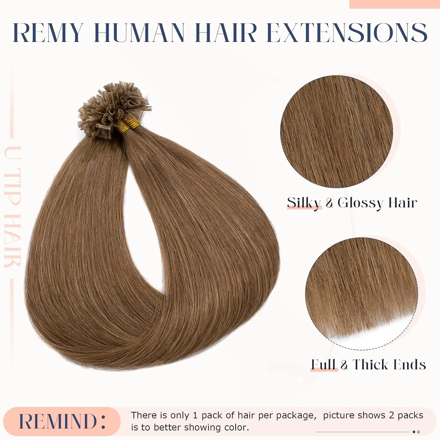 Hairro Fushion Hair Extensions Pre Bonded Keratin Nail Tip U Tip Human Hair Hairpieces Glue Flat Tipped Balayage Hairpiece For Women 100 Strand 20" 50g #06 Light Brown