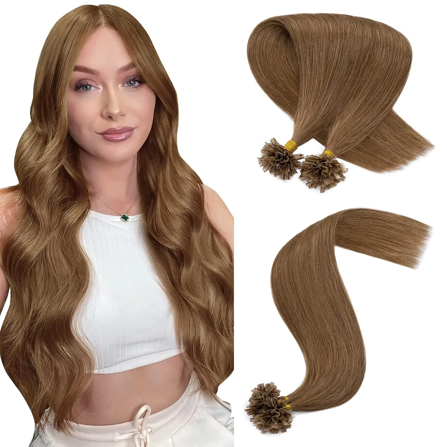 Hairro Fushion Hair Extensions Pre Bonded Keratin Nail Tip U Tip Human Hair Hairpieces Glue Flat Tipped Balayage Hairpiece For Women 100 Strand 20" 50g #06 Light Brown