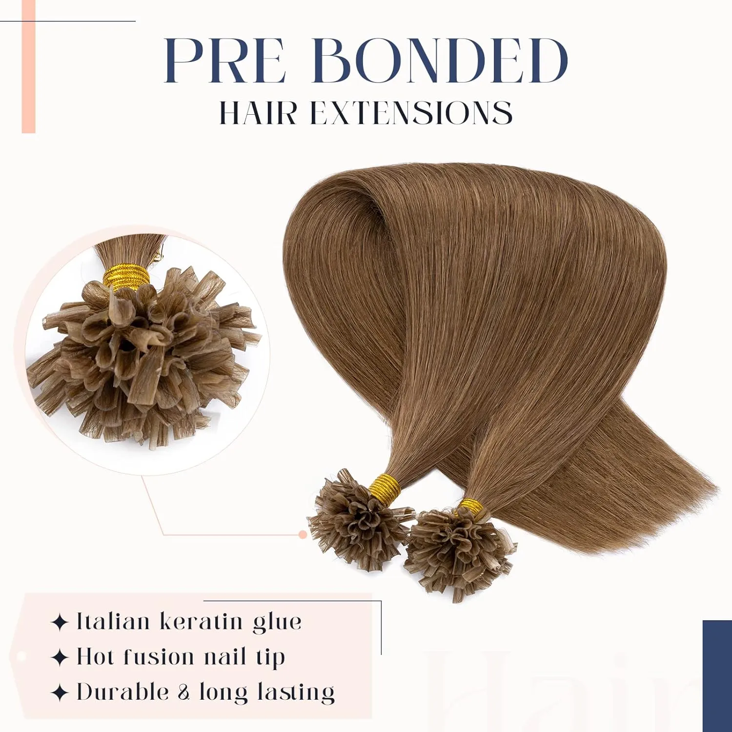 Hairro Fushion Hair Extensions Pre Bonded Keratin Nail Tip U Tip Human Hair Hairpieces Glue Flat Tipped Balayage Hairpiece For Women 100 Strand 20" 50g #06 Light Brown