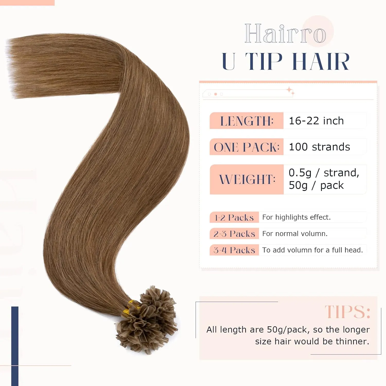 Hairro Fushion Hair Extensions Pre Bonded Keratin Nail Tip U Tip Human Hair Hairpieces Glue Flat Tipped Balayage Hairpiece For Women 100 Strand 20" 50g #06 Light Brown