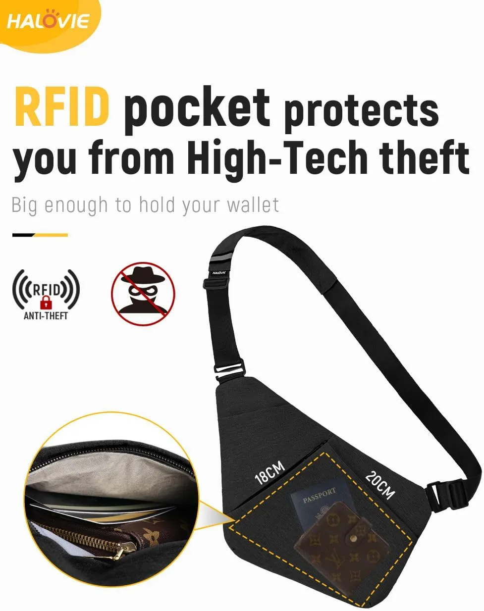 HALOVIE Anti Theft Bag Travel Slim Bags RFID Blocking Backpack Sling Bag Crossbody Purse for Women Men