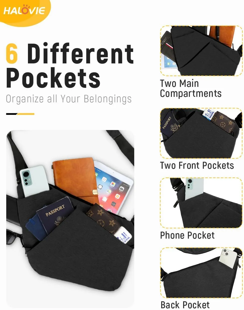 HALOVIE Anti Theft Bag Travel Slim Bags RFID Blocking Backpack Sling Bag Crossbody Purse for Women Men