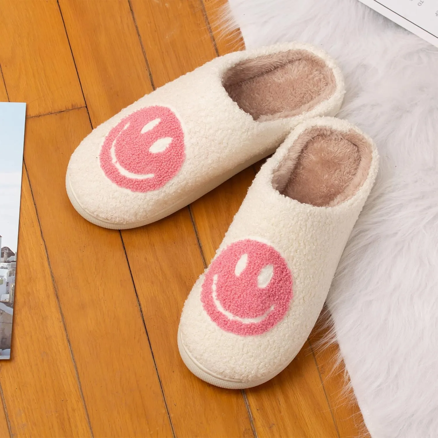 Happy Face Slippers Retro Cozy Comfy Plush Warm Slip-on Slippers Winter Soft Fuzzy Indoor House Shoes with Memory Foam for Men Women…