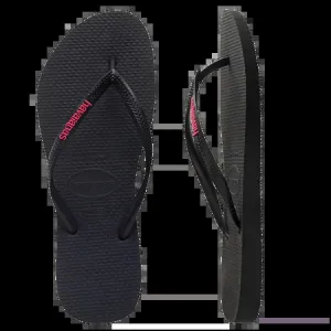 Havaianas Slim Rubber Logo Thongs - Black/Neon Pink
