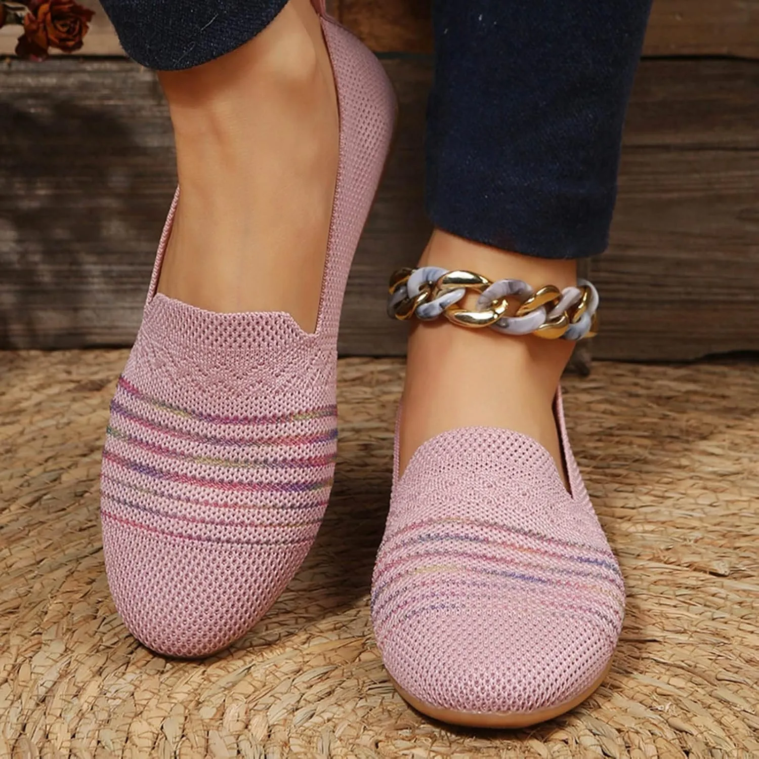 Hbeylia Fashion Loafers for Women Casual Spring Summer Breathable Knitted Round Toe Low Tops Canvas Shoes Slip On Flats Walking Shoes Non Slip Play Sneakers Loafers for Work Nurse