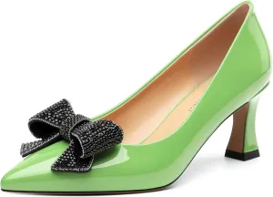 Heels for Women Closed Patent Pointed Toe Bow Pumps Slip on Kitten Low Heels Wedding Party Dress Office Shoes 2.5Inch