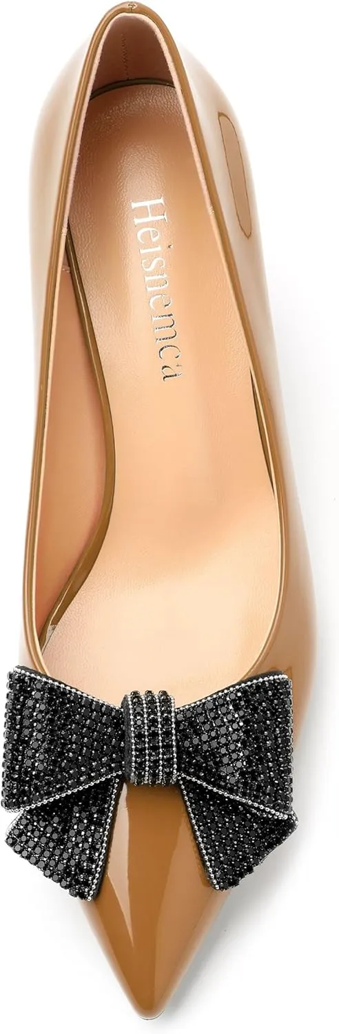Heels for Women Closed Patent Pointed Toe Bow Pumps Slip on Kitten Low Heels Wedding Party Dress Office Shoes 2.5Inch