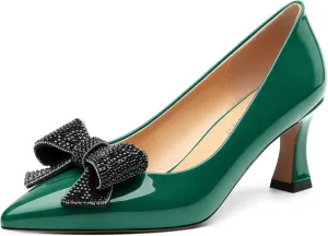 Heels for Women Closed Patent Pointed Toe Bow Pumps Slip on Kitten Low Heels Wedding Party Dress Office Shoes 2.5Inch