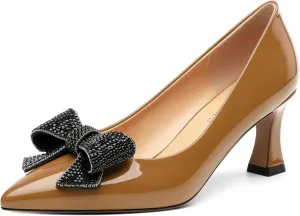Heels for Women Closed Patent Pointed Toe Bow Pumps Slip on Kitten Low Heels Wedding Party Dress Office Shoes 2.5Inch