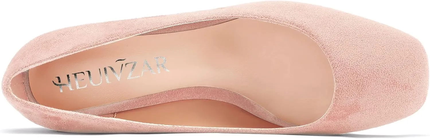 HEUIVZAR Pumps for Women Slip-on Closed Square Toe Block Chunky Wedge Low Heel Pumps Suede Shopping Vacation Classic 2 Inch