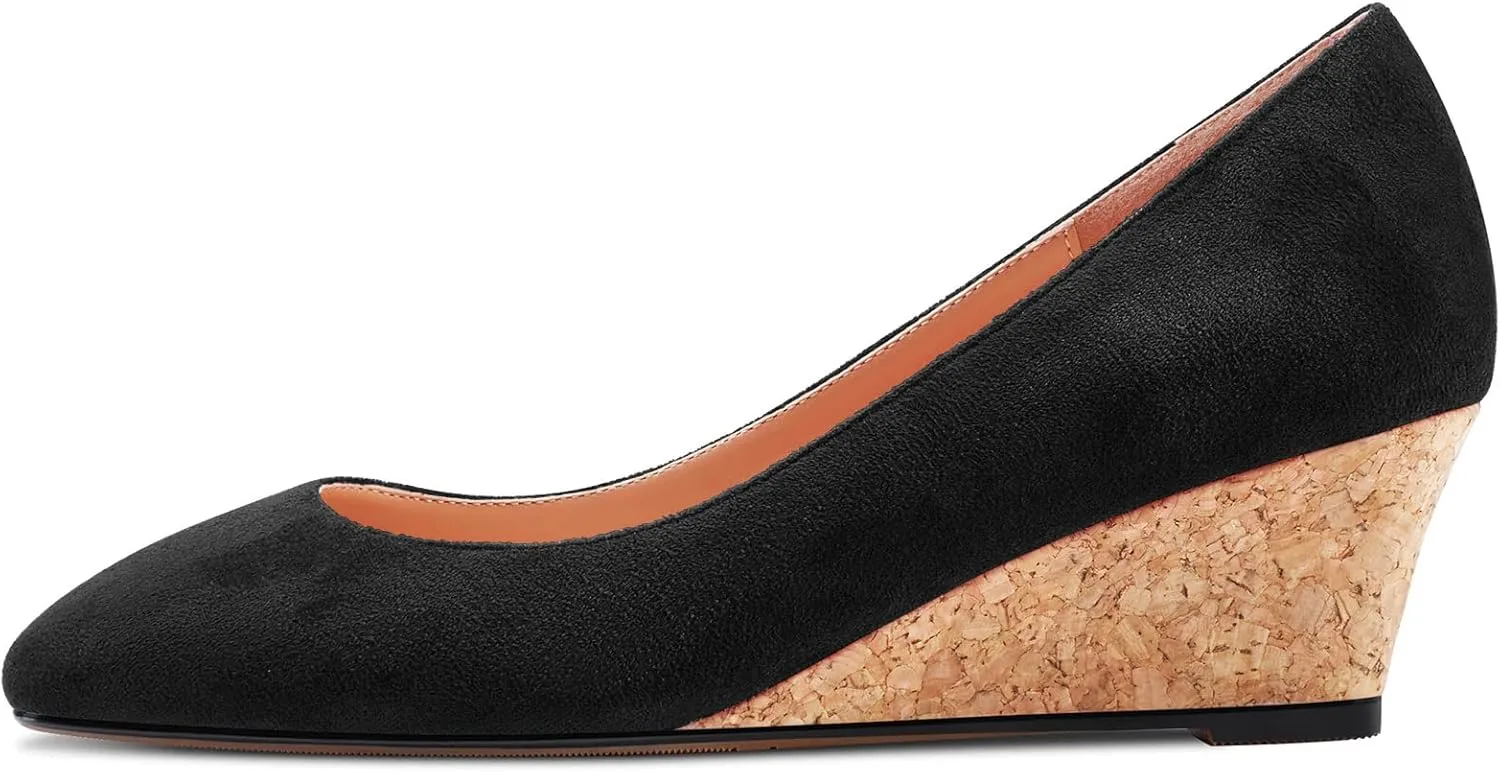 HEUIVZAR Pumps for Women Slip-on Closed Square Toe Block Chunky Wedge Low Heel Pumps Suede Shopping Vacation Classic 2 Inch