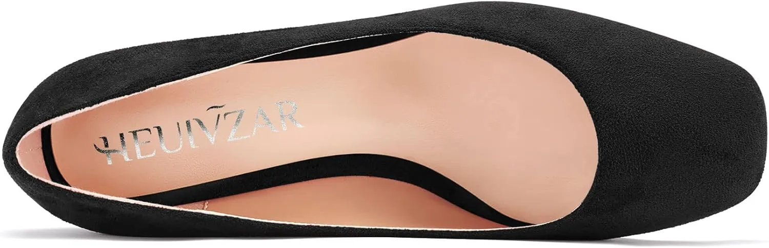 HEUIVZAR Pumps for Women Slip-on Closed Square Toe Block Chunky Wedge Low Heel Pumps Suede Shopping Vacation Classic 2 Inch