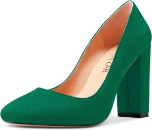HEUIVZAR Women Pumps Pointed Toe Block Chunky High Heel Slip-on Dress Shoes Suede 4 Inch