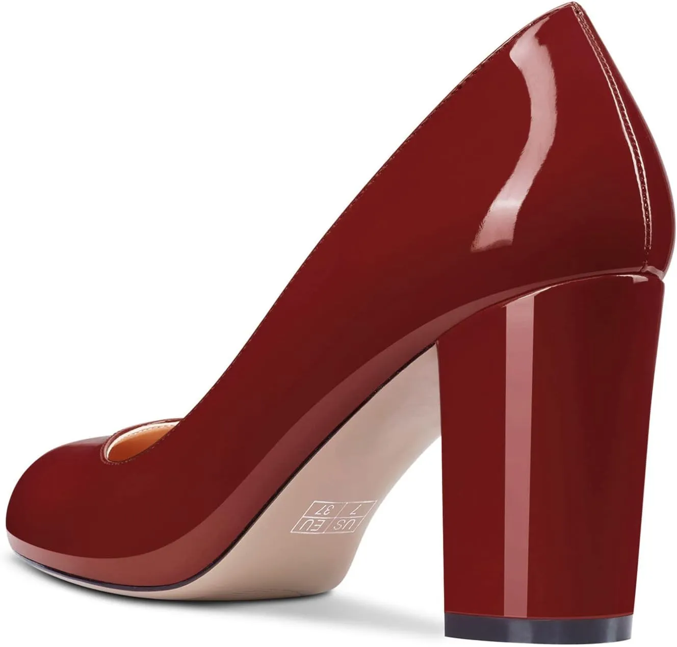 HEUIVZAR Women Pumps Round Toe Block Chunky Mid Heel Slip-on Dress Shoes Patent 3 Inch