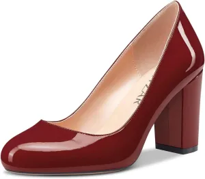 HEUIVZAR Women Pumps Round Toe Block Chunky Mid Heel Slip-on Dress Shoes Patent 3 Inch