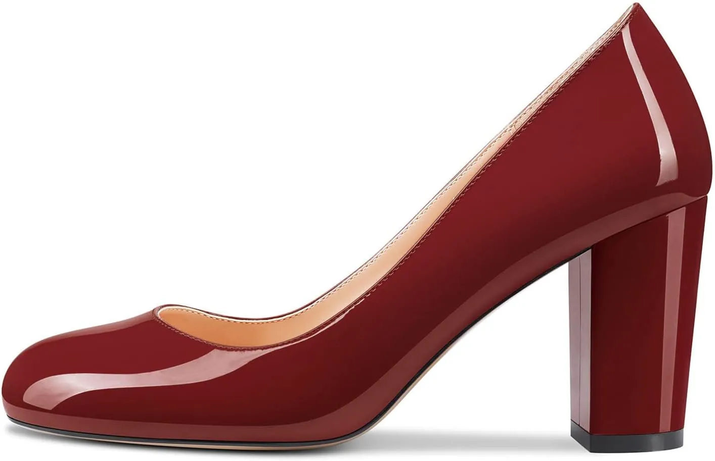 HEUIVZAR Women Pumps Round Toe Block Chunky Mid Heel Slip-on Dress Shoes Patent 3 Inch