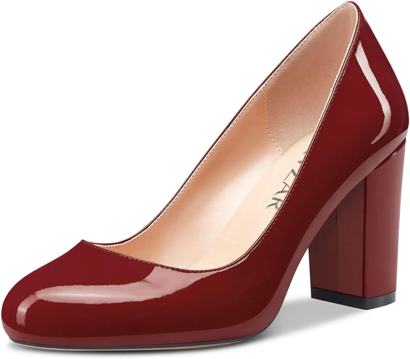 HEUIVZAR Women Pumps Round Toe Block Chunky Mid Heel Slip-on Dress Shoes Patent 3 Inch